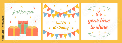 Set of birthday cards on yellow background. Vector illustration. Collection of festive banners. A garland of triangular flags and gift box with a bow. Streamers, tinsel, and the text "Happy Birthday."