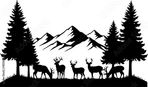 Majestic Deer Silhouette in Mountain Forest Wilderness Art