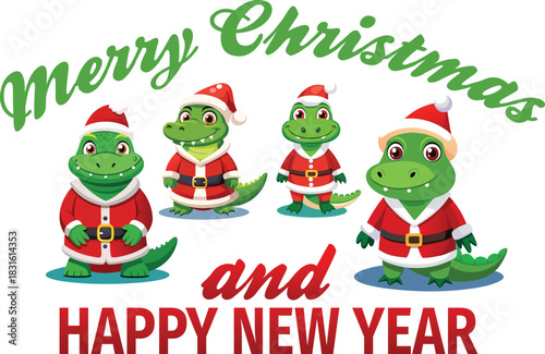 Adorable alligators dressed as Santa Claus wish you a Merry Christmas and a Happy New Year