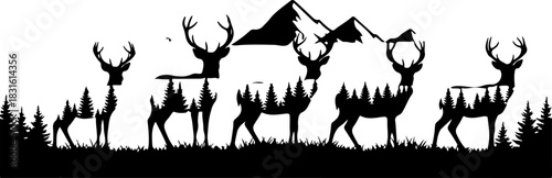 Majestic Deer Silhouette in Mountain Forest Wilderness Art