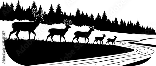 Majestic Deer Silhouette in Mountain Forest Wilderness Art
