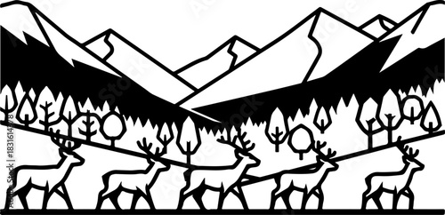 Majestic Deer Silhouette in Mountain Forest Wilderness Art