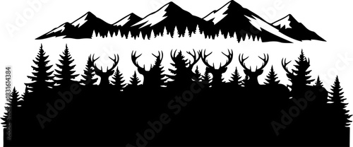 Majestic Deer Silhouette in Mountain Forest Wilderness Art