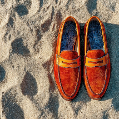 Close up overhead shot of a pair of vibrant orange suede loafers with tan leather accents resting on a sun drenched sandy beach, casting subtle shadows.