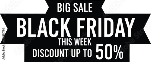 Black Friday sale banner icon vector illustration, bold white text, discount ribbon design, retail promotion graphic