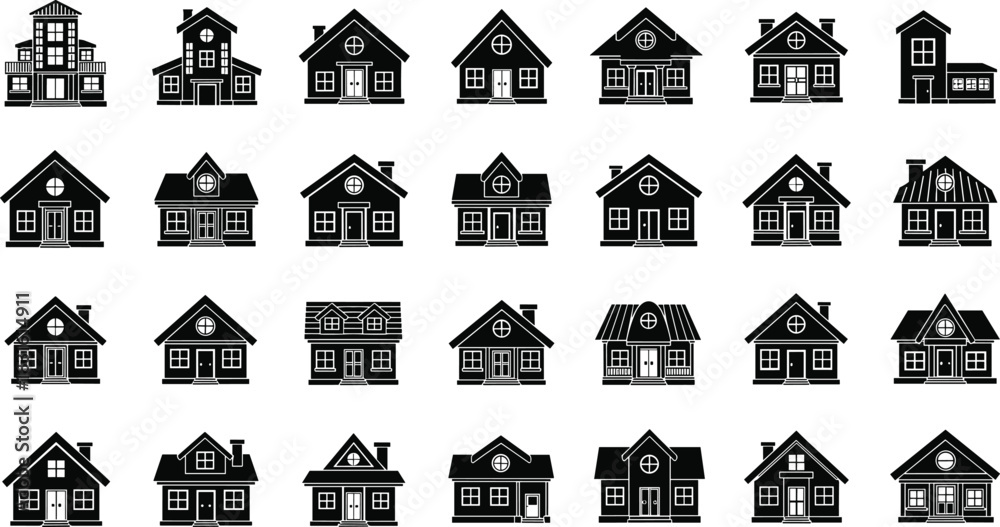 Fototapeta premium Black-and-white house icon set, diverse residential architecture styles, roof and window variations, urban planning vector illustration