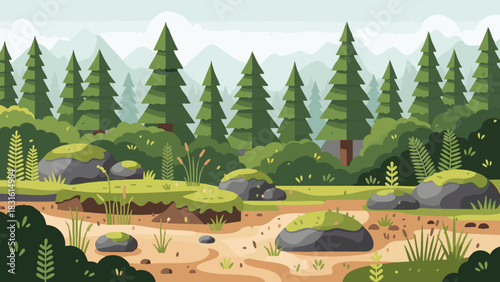 Lush forest landscape illustration with evergreen trees, green bushes, mossy rocks, and a winding path, evoking peace and natural tranquility