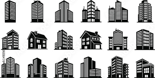 Building icon vector set, black-and-white architectural styles, residential, commercial, and high-rise structures, urban planning illustration
