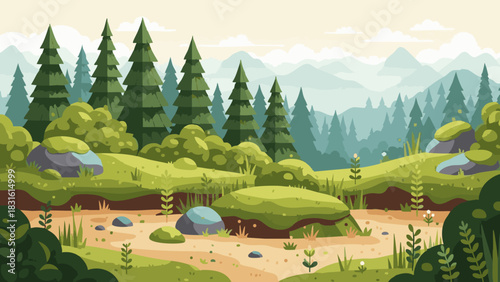 Lush Green Landscape with Towering Evergreen Trees and Rolling Hills Vector Illustration