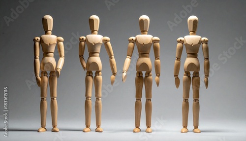 Four wooden artist mannequins posed in varied expressive stances, arranged on a neutral surface for gesture study.