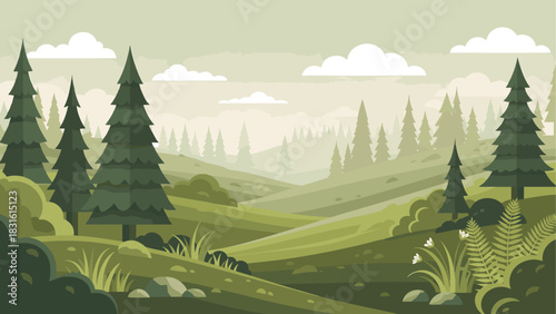 Stylized illustration of a tranquil green forest landscape. Rolling hills, tall pine trees, and a cloudy sky evoke natural serenity and peaceful outdoor beauty