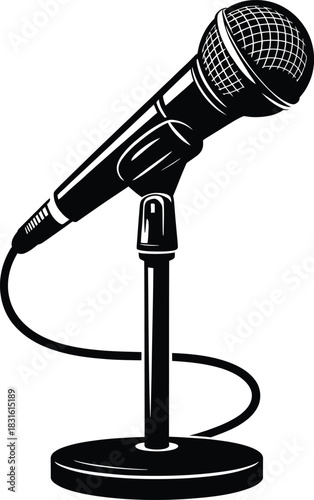 Vintage style professional microphone silhouette on stand vector illustration for recording
