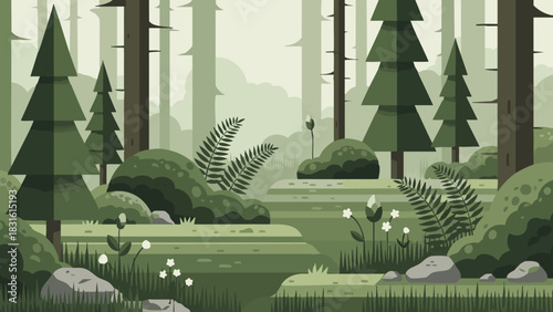 A serene vector landscape illustration of a lush green forest with pine trees, ferns, and moss-covered stones in a flat, modern style