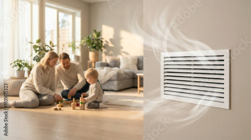 Air vent emitting warm air in cozy living room, family playing with toys on floor, creating a comfortable home atmosphere