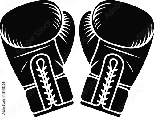 Vector black silhouette pair of boxing gloves fighting championship competition sport fitness icon design.