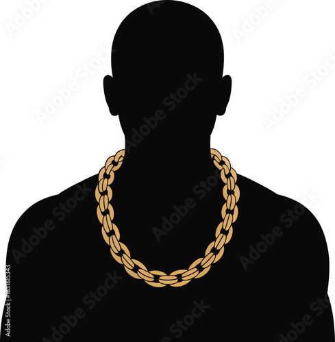 Vector male silhouette wearing heavy golden chain necklace jewelry accessory contour outline design illustration.