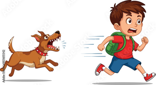 Cartoon boy chased by dog vector illustration, frightened child, aggressive barking pet, motion lines, dramatic humorous scene, outdoor action graphic