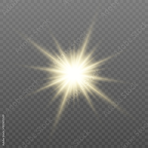 Golden neon star sparkle with radiant glitter, twinkling lens flare, and glowing light effects. Transparent background ideal for luxurious, festive, or magical designs. 