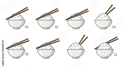 Rice bowl with chopsticks and small squares