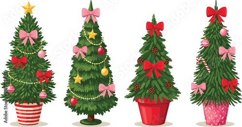 Christmas tree vector set, festive decoration styles, holiday ornament collection, candy cane and pinecone design, seasonal celebration illustration