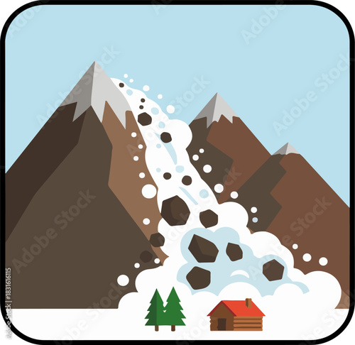 Avalanche icon approaching a wooden house, avalanche or rockfall from the mountains vector.