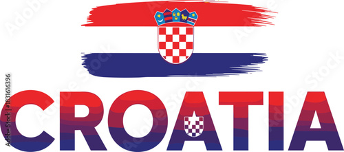 Croatia flag icon vector illustration, national pride design, red blue gradient text, coat of arms motif, cultural identity graphic