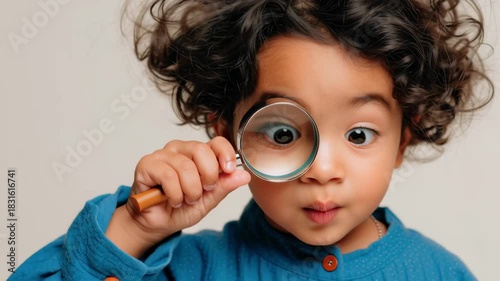 Small child with curly hair holding a magnifying glass to one eye revealing a surprised expression in a studio portrait.