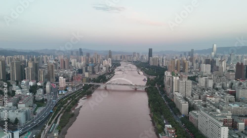 Yellow River Passes Through Lanzhou City, Gansu Province China Aerial View