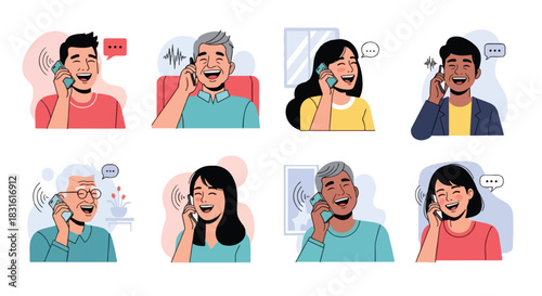 People laughing on phone calls with speech bubbles