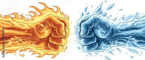 Fire and ice fists vector illustration, elemental power clash, dramatic conflict design, duality and opposition graphic, stylized energy concept