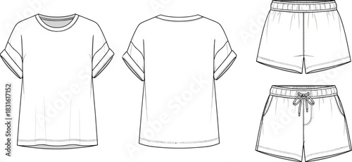 Women casual outfit CAD drawing flat vector illustration, technical fashion sketch of t-shirt and shorts clothing design template
