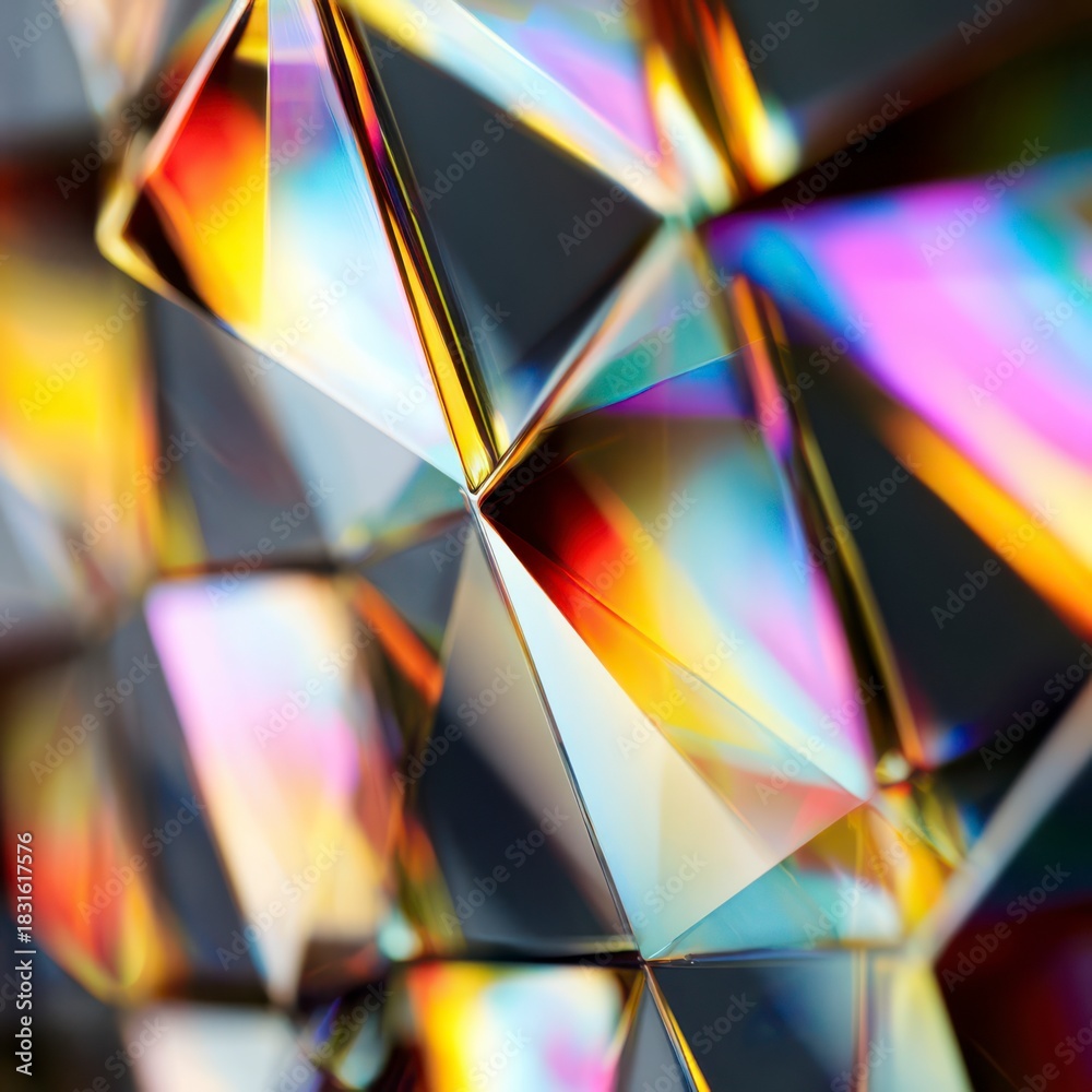 Obraz premium Prismatic Geometry: Intricate facets of a crystal structure reflect a spectrum of light, showcasing the dance of colors and forms, creating an artistic display of geometric perfection.