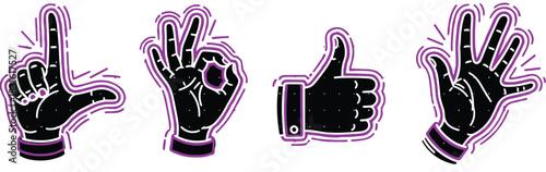 Hand gesture vector illustration, stylized black hands with purple outline, expressive symbols, communication icons, modern graphic design set