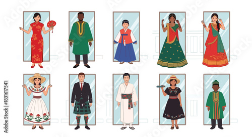 Diverse cultural clothing collection in window frames