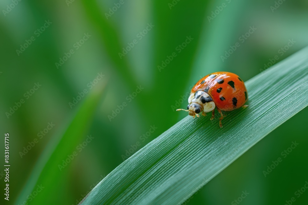 Fototapeta premium Ladybug crawling steadily on a green blade of grass in a vibrant garden during a sunny afternoon