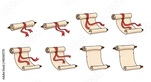 Rolled scrolls with ribbons, various angles with transparent background