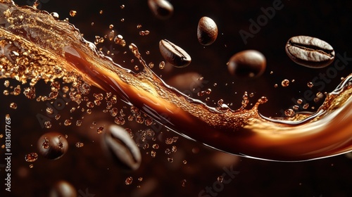 Artistic coffee splash with floating coffee beans creating an appealing visual effect