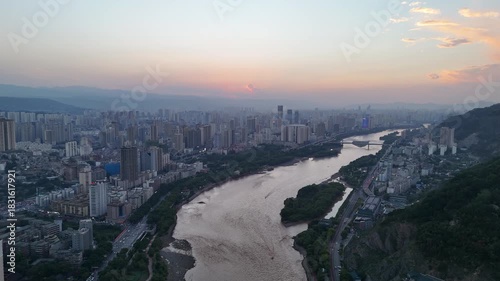 Lanzhou City Yellow River Aerial Sunset View, Gansu China