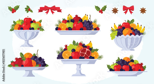 Holiday fruit arrangement in bowls with festive decorations