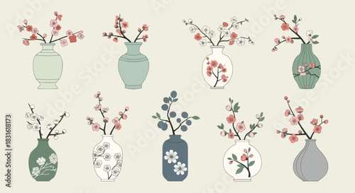 Floral arrangements in vases, decorative still life