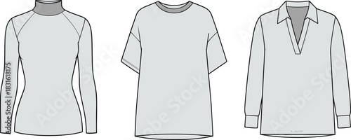 Long-sleeve shirt icon vector illustration, button-down, henley, pullover styles, collar and cuff details, fashion design, clothing template layout