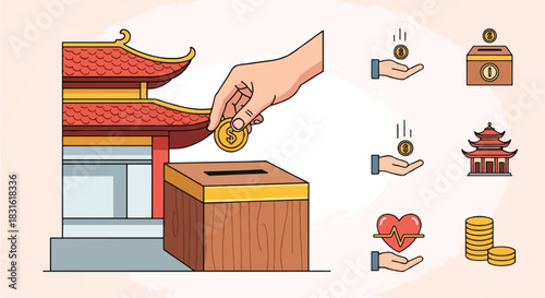 Donation to temple with money and health icons
