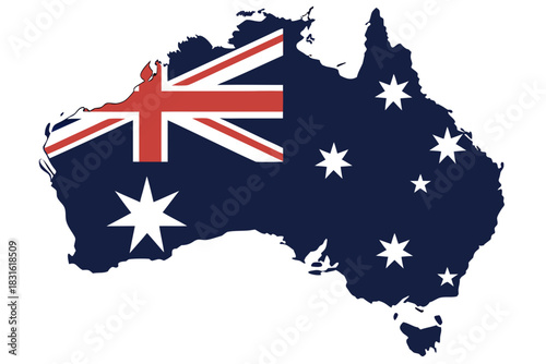Silhouette map of **Australia** filled with the national flag: Union Jack in the upper-left, a seven-point Commonwealth Star, and the Southern Cross constellation.
