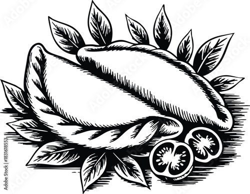 Black and White Drawing of Two Empanadas, Calzone or Pasty Illustration with Basil and Tomatoes, Woodcut Style Drawing of Hand Pies, 