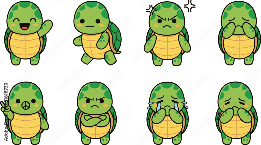 Fototapeta premium Cute turtle character emotion collection, adorable cartoon sea turtle mascot with expressions, perfect for stickers, cad drawing flat vector illustration, kawaii