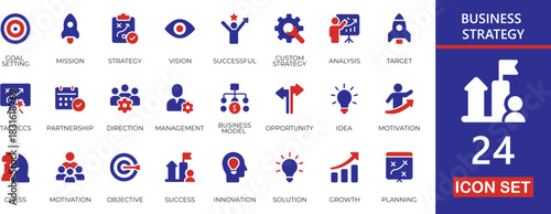 Strategic business, planning, growth, target, analysis, leadership, roadmap, and decision icons for corporate decks, dashboards, consulting, and UI design.