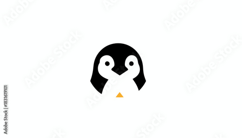 A minimalist, stylized illustration of a penguin's face with large, expressive eyes and a small orange beak.