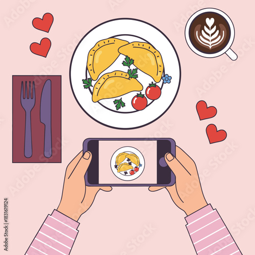 Food Photography Illustration – Taking Picture of Delicious Dumplings and Coffee