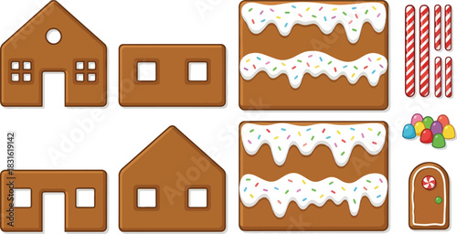 Gingerbread house building kit vector set, cookie parts and candy decorations for assembly