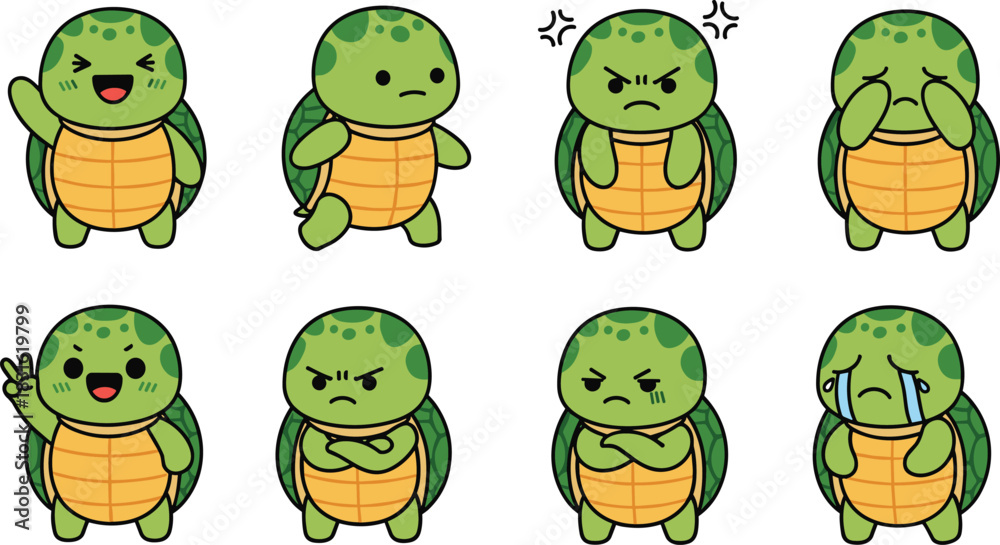 Fototapeta premium Cute turtle character emotions set, adorable cartoon sea turtle mascot, funny expressions for stickers, cad drawing flat vector illustration, kawaii